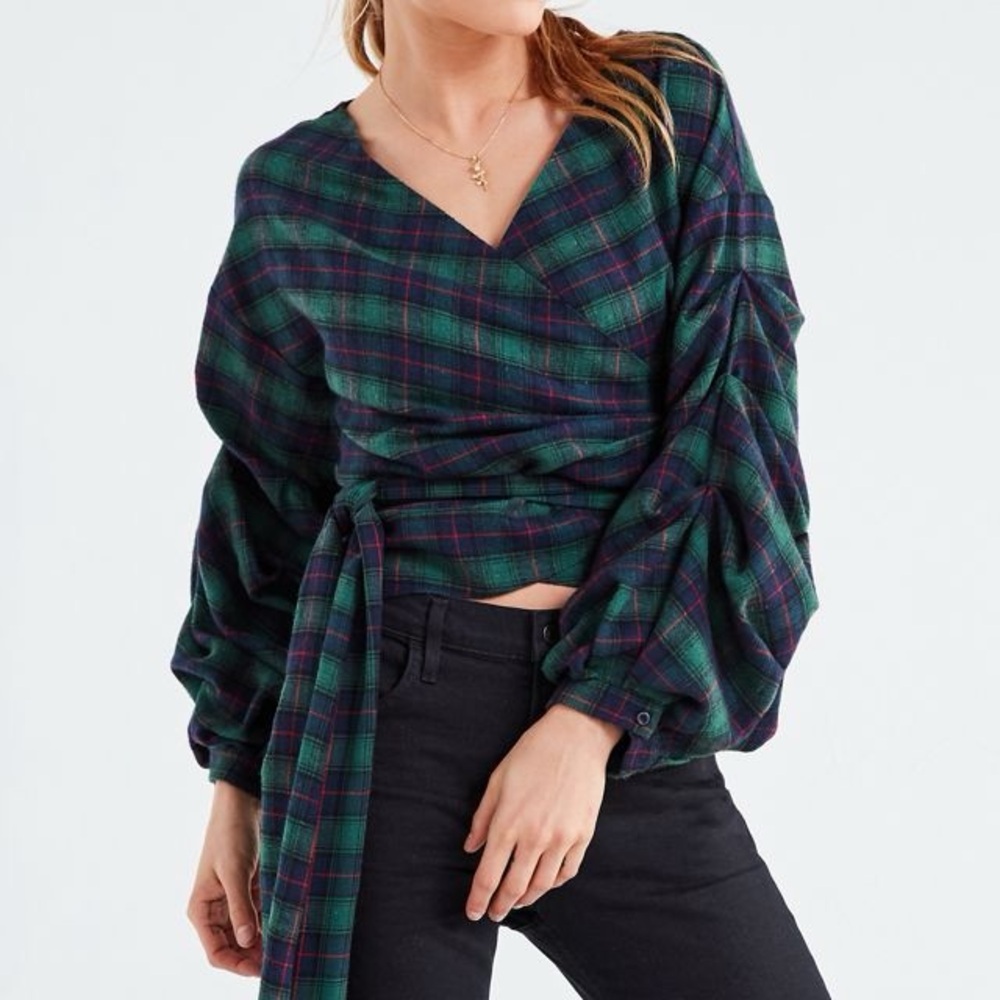 Urban Outfitters Plaid Wrap Blouse - Green and Navy